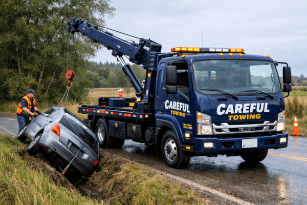 Careful Towing truck winching a vehicle during accident recovery in Gauteng