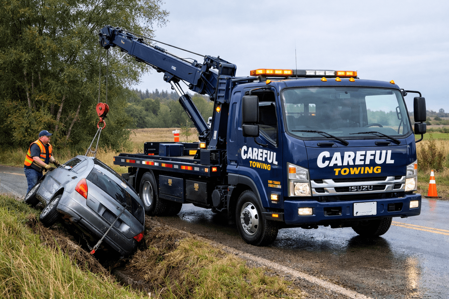 Careful Towing truck winching a vehicle during accident recovery in Gauteng